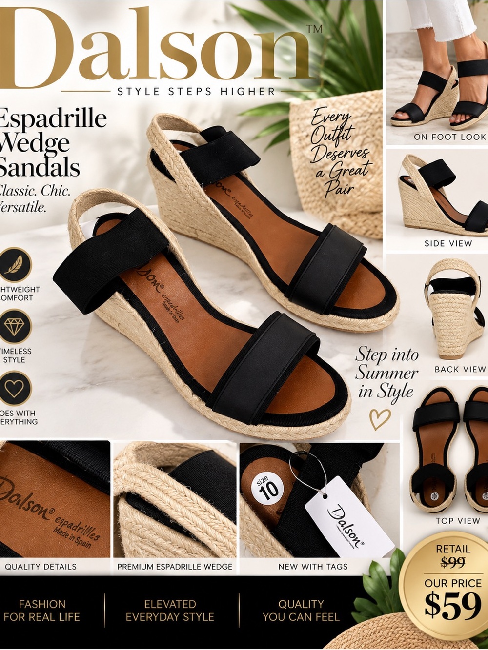 NEW W/TAGS Dalson Black Espadrille Wedge Sandals Size 10 | $99 Retail